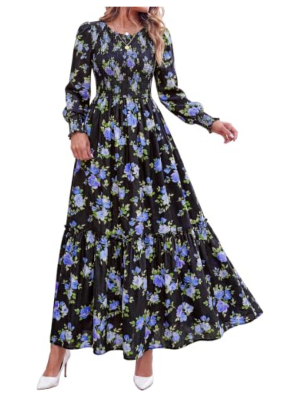 Boho Floral Maxi Dress Long Sleeve Smocked High Waist Casual Fall